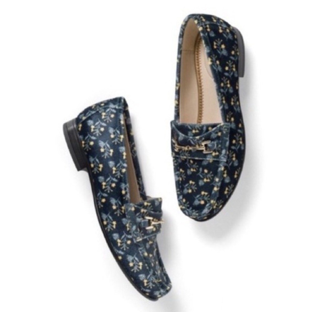 Cabi Navy Blue Floral Velvet Horsebit Loafers Flats Shoes Size 9 M